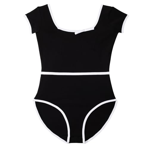 AOQUNFS Mädchen Kurzarm Ballett Body Kinder Turn Leotards Mädchen Gymnastikanzug Ballett Trikot, BT03-Schwarz, 8-9Jahre von AOQUNFS