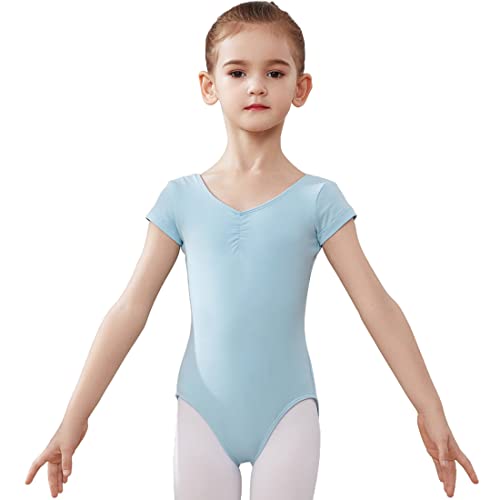 AOQUNFS Mädchen Team Basic Kurzarm Ballett Trikot Ballettkleidung Kinder Gymnastikanzug, BT04-Blau, 8-9Jahre von AOQUNFS