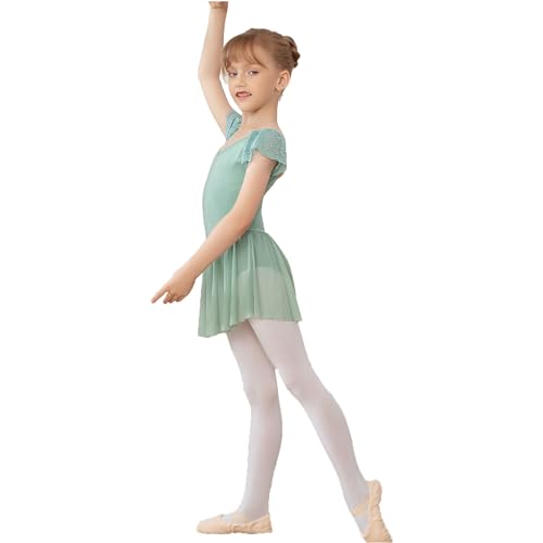 AOQUNFS Ballettkleider Mädchen Spitze Kurzarm Ballettkleidung Turnanzug Tanzkleid Ballettanzug Kinder Balletttrikot mit Tüllrock,118-Salbei Grün, 4-5Jahre von AOQUNFS