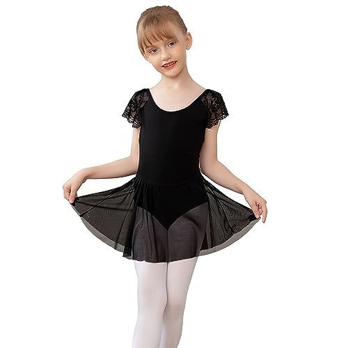 AOQUNFS Ballettkleider Mädchen Spitze Kurzarm Ballettkleidung Turnanzug Tanzkleid Ballettanzug Kinder Balletttrikot mit Tüllrock,118-Schwarz, 4-5Jahre von AOQUNFS