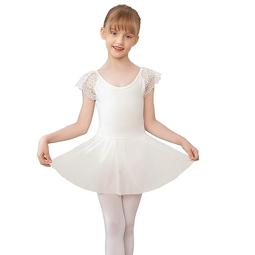 AOQUNFS Ballettkleider Mädchen Spitze Kurzarm Ballettkleidung Turnanzug Tanzkleid Ballettanzug Kinder Balletttrikot mit Tüllrock,118-Weiß, 11-12Jahre von AOQUNFS