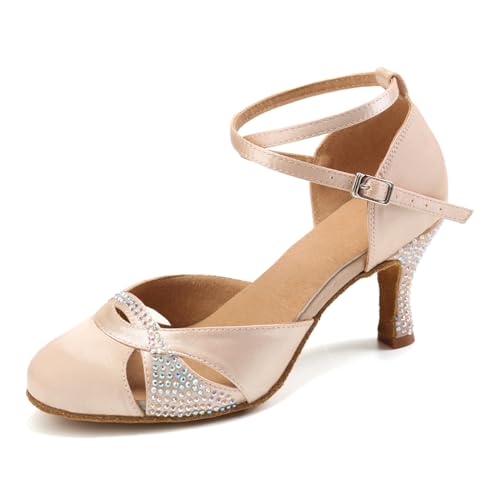 AOQUNFS Tanzschuhe Damen Latein Geschlossene Satin Strass Salsa Tango Bachata Ballsaal Performance Tanzschuhe,L157-Beige-7.5,36EU von AOQUNFS