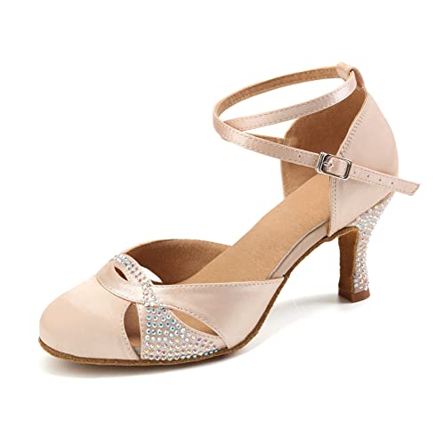 AOQUNFS Tanzschuhe Damen Latein Geschlossene Satin Strass Salsa Tango Bachata Walzer Ballsaal Hochzeit Leistung Schuhe,L157-Beige-7.5,42EU von AOQUNFS