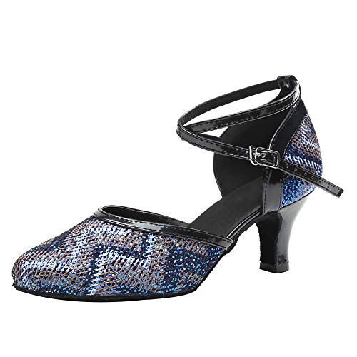 AOQUNFS Damen Tanzschuhe Latein Geschlossene Absatz Salsa Tango Bachata Walzer Ballsaal Hochzeit Praxis und Leistung Schuhe,L248-Blau-6cm,EU37 von AOQUNFS