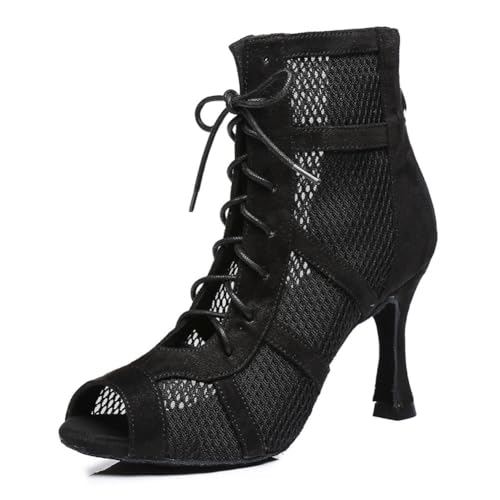 AOQUNFS Damen Tanzstiefel Latein Stöckelabsatz Schnüren Stiefel für Salsa Tango Samba Bachata Ballsaal Party Leistung, JFL446-8.5cm-Schwarz,EU 37 von AOQUNFS