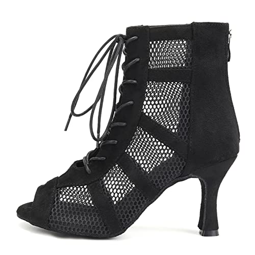 AOQUNFS Damen Tanzstiefel Latein Stöckelabsatz Schnüren Stiefel für Salsa Tango Samba ChaCha Bachata Ballsaal Party Leistung,L446-Schwarz-8.5,EU42 von AOQUNFS