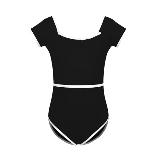 AOQUNFS Gymnastikanzug Mädchen Kurzarm Kinder Ballett Body Turnen Mädchen, BT03-Schwarz, 6-8Jahre von AOQUNFS