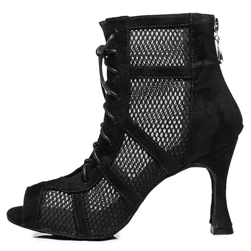 AOQUNFS Tanzstiefel Damen Latein Stöckelabsatz Schnüren Stiefel für Salsa Tango Bachata Ballsaal Party Leistung Tanzschuhe,L446-Schwarz-6,EU 37 von AOQUNFS