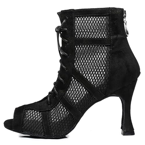 AOQUNFS Tanzstiefel Damen Latein Stöckelabsatz Schnüren Stiefel für Salsa Tango Bachata Ballsaal Party Leistung Tanzschuhe,L446-Schwarz-7.5,EU 36 von AOQUNFS