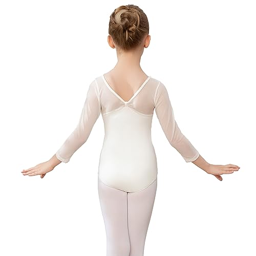 AOQUNFS Mädchen Masche Langarm Ballettkleidung Kinder Gymnastik Turnanzug Tanzen Mädchen Ballett Body, AM3000ZX-Beige, 6-7Jahre von AOQUNFS