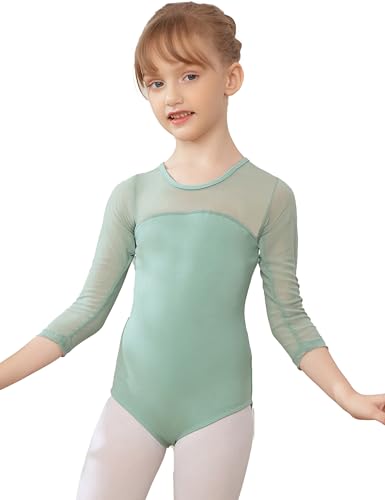 AOQUNFS Mädchen Masche Langarm/Ärmellos Ballettkleidung Kinder Gymnastik Turnanzug Turn-leotards Mädchen Ballett Trikot, AM3000ZX-Salbei Grün, 7-8Jahre von AOQUNFS