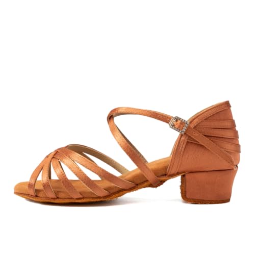 AOQUNFS Latein Tanzschuhe Mädchen&Damen Kinder Satin Standard Salsa Tango Bachata Ballsaal Performance Tanz Schuhe,WZSP234-3.5-Braun,EU35 von AOQUNFS