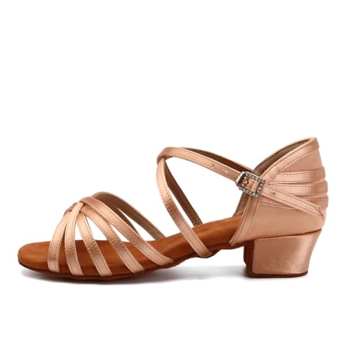 AOQUNFS Tanzschuhe Mädchen&Damen Standard Latein Kinder Satin Salsa Tango Bachata Ballsaal Performance Tanz Schuhe,WX608-3.5-Nude,EU29 von AOQUNFS