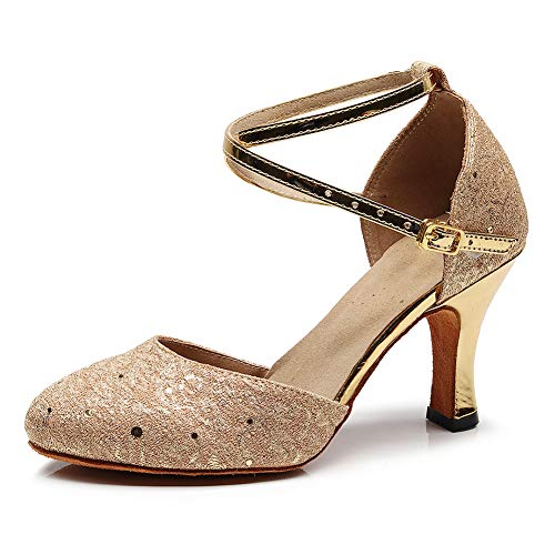 AOQUNFS Tanzschuhe Damen Latein Geschlossene Salsa Tango Bachata Ballsaal Practice and Performance Schuhe,1017-Gold-7cm,EU38 von AOQUNFS