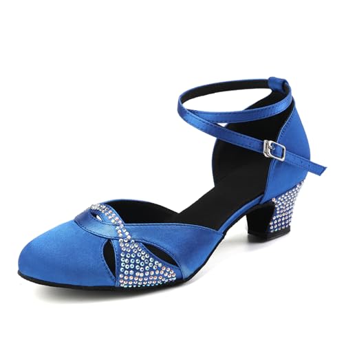 AOQUNFS Tanzschuhe Damen Latein Geschlossene Satin Strass Salsa Tango Bachata Ballsaal Performance Tanzschuhe,L157-Blau-4,39EU von AOQUNFS