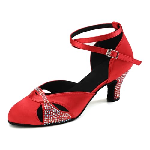 AOQUNFS Tanzschuhe Damen Latein Geschlossene Satin Strass Salsa Tango Bachata Walzer Ballsaal Hochzeit Leistung Schuhe,L157-Rot-6,39EU von AOQUNFS