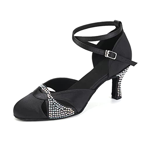 AOQUNFS Tanzschuhe Damen Latein Geschlossene Satin Strass Salsa Tango Bachata Walzer Ballsaal Hochzeit Leistung Schuhe,L157-Schwarz-7.5,34EU von AOQUNFS