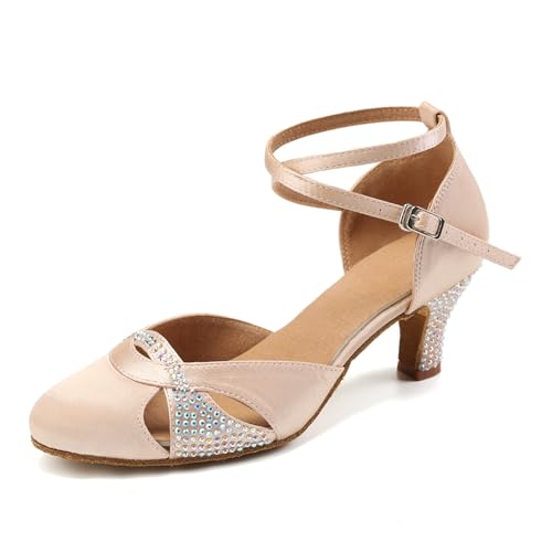 AOQUNFS Tanzschuhe Damen Latein Geschlossene Satin Strass Salsa Tango Bachata Walzer Ballsaal Hochzeit Leistung Schuhe,L157-Beige-6,35EU von AOQUNFS