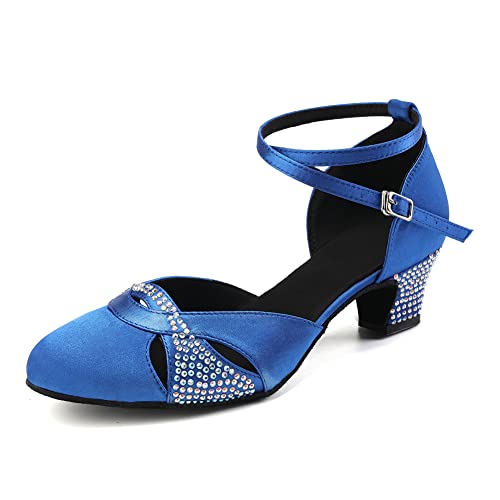 AOQUNFS Tanzschuhe Damen Latein Geschlossene Satin Strass Salsa Tango Bachata Walzer Ballsaal Hochzeit Leistung Schuhe,L157-Blau-4,37EU von AOQUNFS