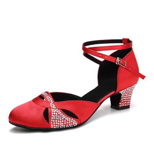 AOQUNFS Tanzschuhe Damen Latein Geschlossene Satin Strass Salsa Tango Bachata Walzer Ballsaal Hochzeit Leistung Schuhe,L157-Rot-4,37EU von AOQUNFS