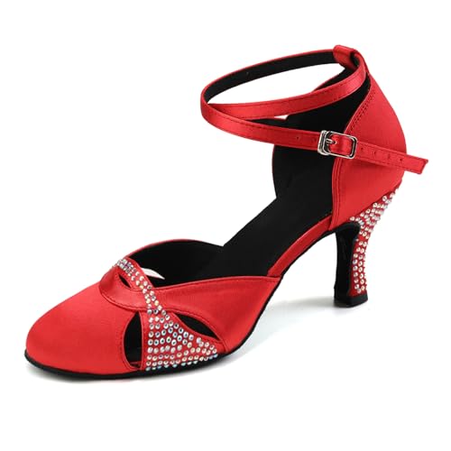 AOQUNFS Tanzschuhe Damen Latein Geschlossene Satin Strass Salsa Tango Bachata Walzer Ballsaal Hochzeit Leistung Schuhe,L157-Rot-7.5,40EU von AOQUNFS