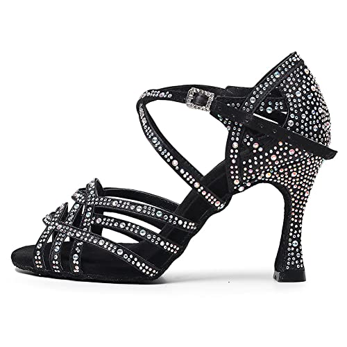 AOQUNFS Tanzschuhe Damen Latein Strass Absatz Glitzer Offen Professionell Salsa Tango Bachata Party Hochzeit Ballsaal Schuhe,L357-Schwarz-7.5,EU37 von AOQUNFS
