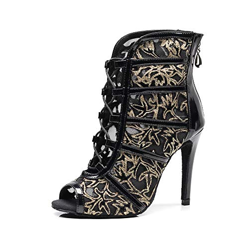 AOQUNFS Tanzschuhe Damen Latein Salsa Tango Bachata Comfort Stiefel,QJ1023-Schwarz Gold-10,EU41 von AOQUNFS