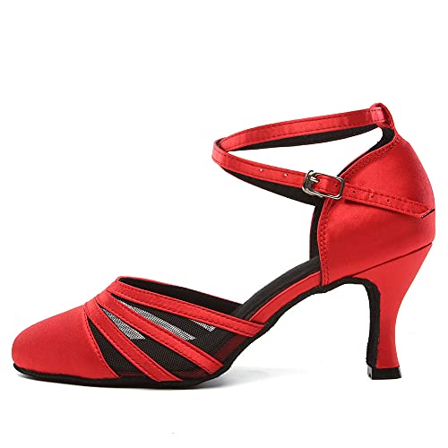 AOQUNFS Tanzschuhe Damen Latein Satin Salsa Tango Bachata Ballsaal Walzer Performance Practice Tanzschuhe,L189-7.5,Rot,EU37 von AOQUNFS