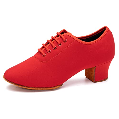AOQUNFS Tanzschuhe Damen Latein Schnüren Geschlossene Salsa Tango Moderne Jazz Ballsaal Leistung Schuhe Trainingsschuhe,NJB-Rot-5CM-2MD,EU40 von AOQUNFS