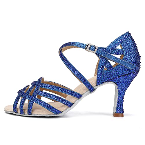 AOQUNFS Tanzschuhe Damen Latein Strass Absatz Glitzer Offen Professionell Salsa Tango Bachata Party Hochzeit Ballsaal Tanz Schuhe,L357-Blau-6,EU38 von AOQUNFS