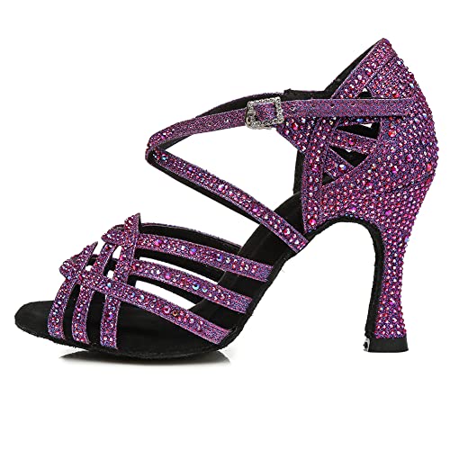 AOQUNFS Tanzschuhe Damen Latein Strass Absatz Glitzer Offen Professionell Salsa Tango Bachata Party Hochzeit Ballsaal Tanz Schuhe,L357-Lila-7.5,EU35 von AOQUNFS