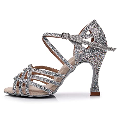 AOQUNFS Tanzschuhe Damen Latein Strass Absatz Glitzer Offen Professionell Salsa Tango Bachata Party Hochzeit Ballsaal Tanz Schuhe,L357-Silber-7.5,EU35 von AOQUNFS