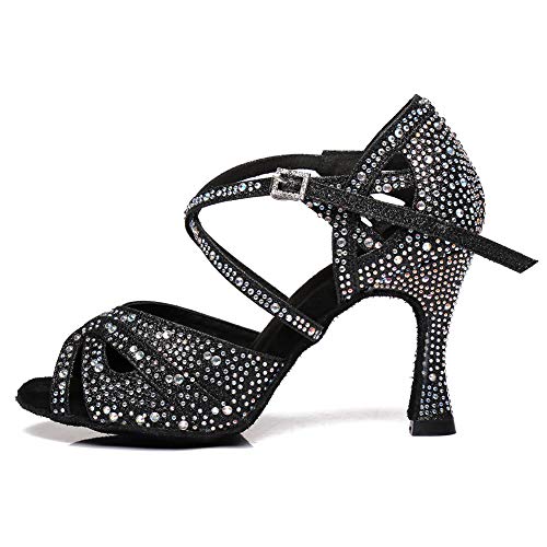 AOQUNFS Tanzschuhe Damen Latein Strass Stöckelschuhe Glitzer Salsa Tango Bachata Samba Party Hochzeit Ballsaal Tanz Schuhe,L390-Schwarz-7.5,EU39 von AOQUNFS