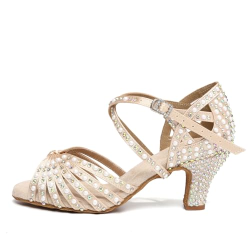 AOQUNFS Tanzschuhe Damen Latein Strass Stöckelschuhe Glitzer Salsa Tango Bachata Samba Party Hochzeit Ballsaal Tanz Schuhe,L429-6-Beige,EU38 von AOQUNFS