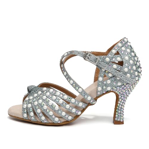 AOQUNFS Tanzschuhe Damen Latein Strass Stöckelschuhe Glitzer Salsa Tango Bachata Samba Party Hochzeit Ballsaal Tanz Schuhe,L429-7.5-Blau,EU38 von AOQUNFS