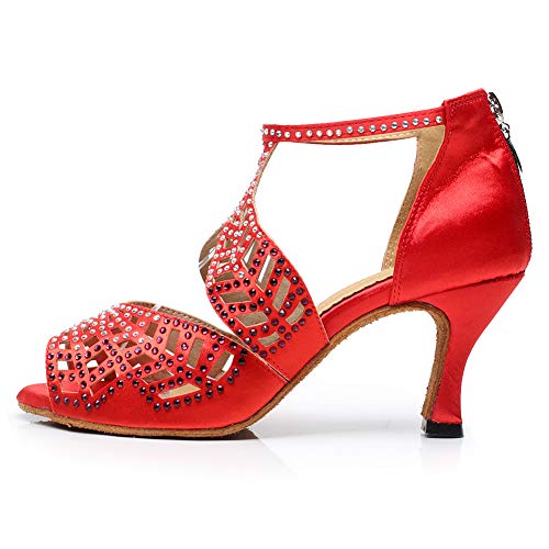 AOQUNFS Tanzschuhe Damen Latein Strass mit Absatz für Gesellschaftstanz Salsa Tango Party Hochzeit Ballsaal,7014-5-2899-1#-Rot,EU38 von AOQUNFS