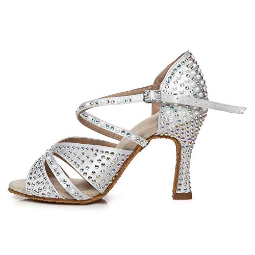 AOQUNFS Tanzschuhe Damen Latein Strass mit Absatz für Gesellschaftstanz Salsa Tango Party Hochzeit Ballsaal,L428-5-Weiß,EU37 von AOQUNFS