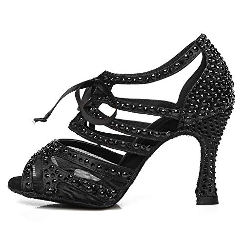 AOQUNFS Tanzschuhe Damen Latein Strass mit Absatz für Gesellschaftstanz Salsa Tango Party Hochzeit Ballsaal,L433-5-Schwarz,EU38 von AOQUNFS