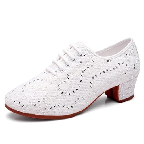 AOQUNFS Tanzschuhe Latein Damen Schnüren Geschlossene Salsa Tango Moderne Jazz Ballsaal Leistung Schuhe Trainingsschuhe,KCLP-Weiß-ZBM-3.5,EU41 von AOQUNFS