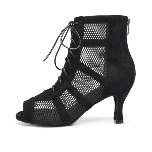 AOQUNFS Damen Tanzstiefel Latein Stöckelabsatz Schnüren Stiefel für Salsa Tango Bachata Ballsaal Party Leistung Tanzschuhe,L446-Schwarz-7.5,EU40 von AOQUNFS