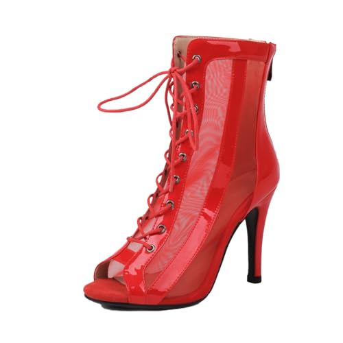 AOQUNFS Tanzstiefel Damen Latein Stöckelabsatz Schnüren Stiefel für Salsa Tango Bachata Ballsaal Party Leistung Tanzschuhe,118-Rot-R-7,EU45 von AOQUNFS