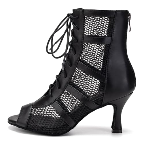 AOQUNFS Tanzstiefel Damen Latein Stöckelabsatz Schnüren Stiefel für Salsa Tango Bachata Ballsaal Party Leistung Tanzschuhe,L446-NegroPU-6.5,EU38 von AOQUNFS