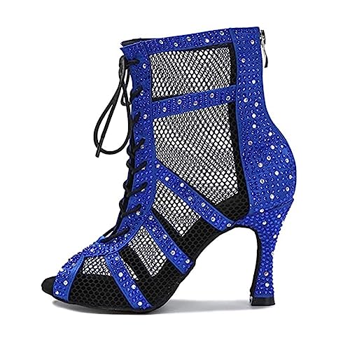 AOQUNFS Tanzstiefel Damen Latein Stöckelabsatz Schnüren Stiefel für Salsa Tango Bachata Ballsaal Party Praxis Leistung Tanzschuhe,L446-Blau-8.5,EU37 von AOQUNFS