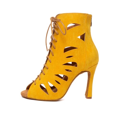 AOQUNFS Tanzstiefel Latein Damen Stöckelabsatz Stiefel für Salsa Tango Bachata Samba Ballsaal Leistung Praxis Tanzschuhe,L610-Gelb-8.5,EU37 von AOQUNFS