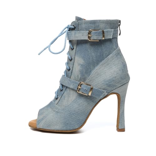 AOQUNFS Tanzstiefel Latein Damen Stöckelabsatz Stiefel für Salsa Tango Bachata Samba Ballsaal Leistung Praxis Tanzschuhe,L636-Blau-10-JB,EU39 von AOQUNFS