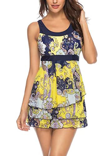 AOQUSSQOA Damen Bauchweg Tankini Große Größe Badeanzug mit Shorts Black Streifen Push up Bademode Figurformend Schwangerschaft Badekleid(YellowBlue, 3XL) von AOQUSSQOA