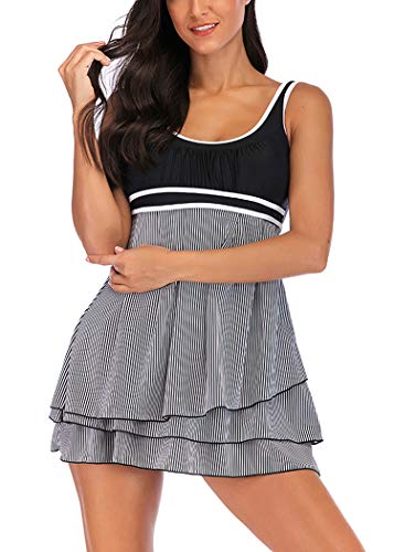 AOQUSSQOA Damen Bauchweg Tankini Große Größe Badeanzug mit Shorts Black Streifen Push up Bademode Figurformend Schwangerschaft Badekleid(Stripe, L) von AOQUSSQOA