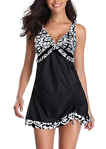 AOQUSSQOA Damen Bauchweg Tankini Große Größe Badeanzug mit Shorts Black Streifen Push up Bademode Figurformend Schwangerschaft Badekleid(WhiteFlower, XXL) von AOQUSSQOA