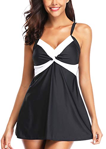 AOQUSSQOA Damen Bauchweg Tankini Große Größe Badeanzug mit Shorts Black Streifen Push up Bademode Figurformend Schwangerschaft Badekleid (Bowknot, XL) von AOQUSSQOA