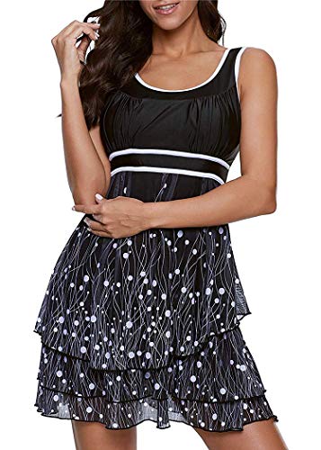 AOQUSSQOA Damen Bauchweg Tankini Große Größe Badeanzug mit Shorts Black Streifen Push up Bademode Figurformend Schwangerschaft Badekleid(BlackDot, 3XL) von AOQUSSQOA